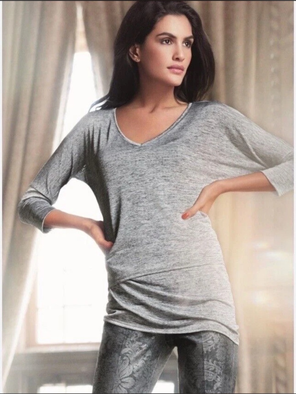 $155 Joseph Ribkoff Heathered Gray Layered V-Neck Tunic Top Lightweight Size 10
